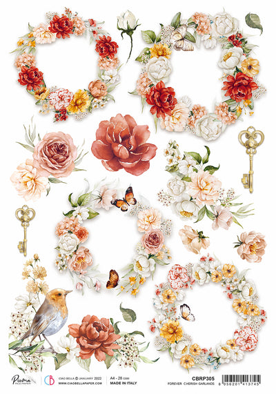 Forever Cherish Garlands A4 Decoupage Rice Paper Reign of Grace Collection by Ciao Bella