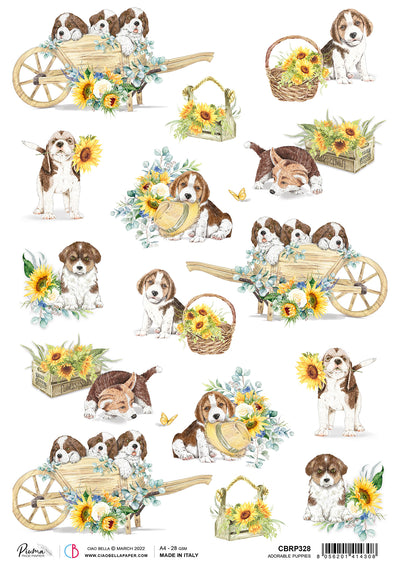 Adorable Puppies A4 Decoupage Rice Paper Farmhouse Garden Collection by Ciao Bella