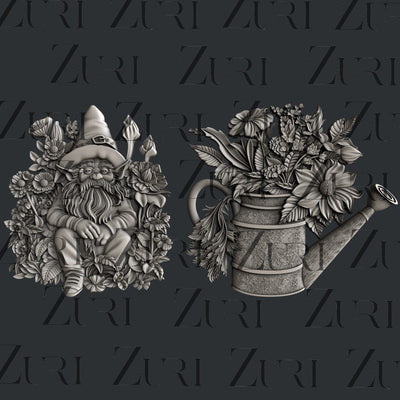 Watering Can Garden Decor Zuri Designs Silicone mold is a set of two moulds.  One is a gnome sitting in a bed of flowers and the other one is a flowering can with flowers.