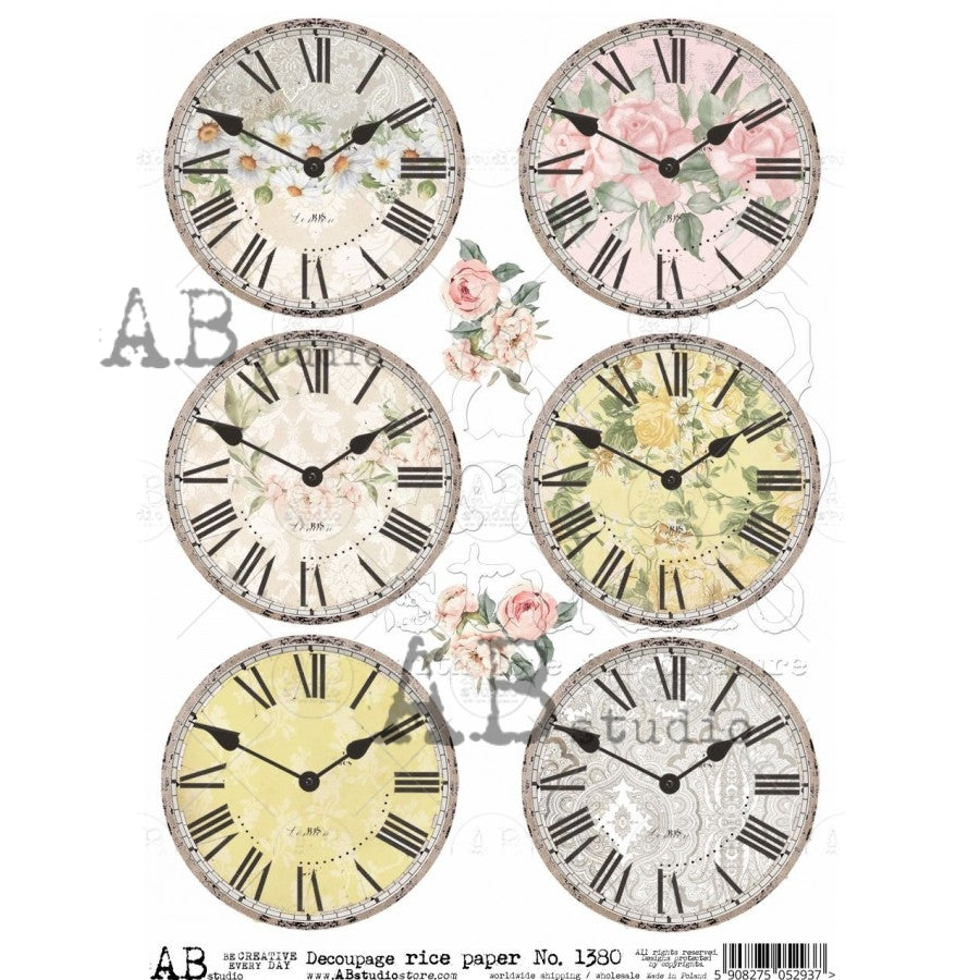 Decorated Clocks Decoupage Rice Paper A4 Item No. 1380 by AB Studio