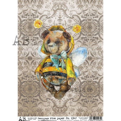 Bee Friendly Bear and Damask Wallpaper Decoupage Rice Paper A4 Item No. 1347 by AB Studio