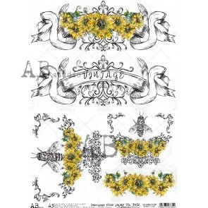 Bees and Sunflowers with Vintage Labels Decoupage Rice Paper A3 Item No. 3432 by AB Studio
