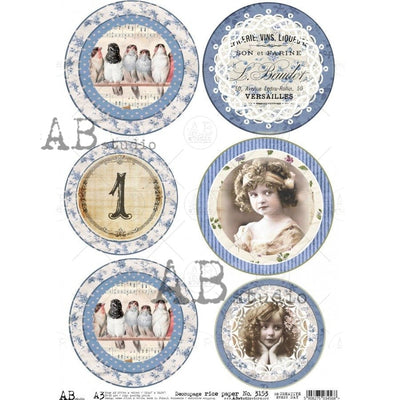 Birds Singing and Vintage Children Medallions Decoupage Rice Paper A3 Item No. 3153 by AB Studio
