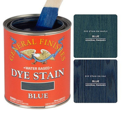 Blue dye stain by General Finishes shown stained on maple wood and oak wood. 