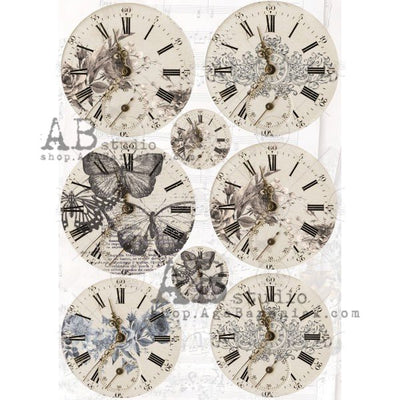 Butterflies and Flower Clock Medallions Decoupage Rice Paper A4 Item No. 0193 by AB Studio