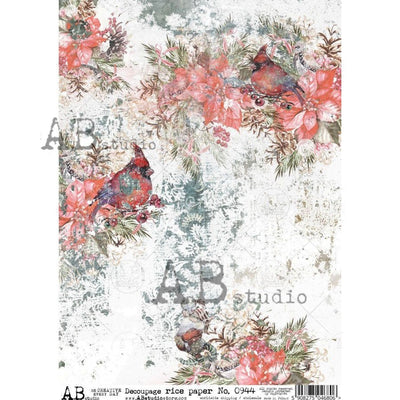 Cardinals and Poinsettias Decoupage Rice Paper A4 Item No. 0944 by AB Studio