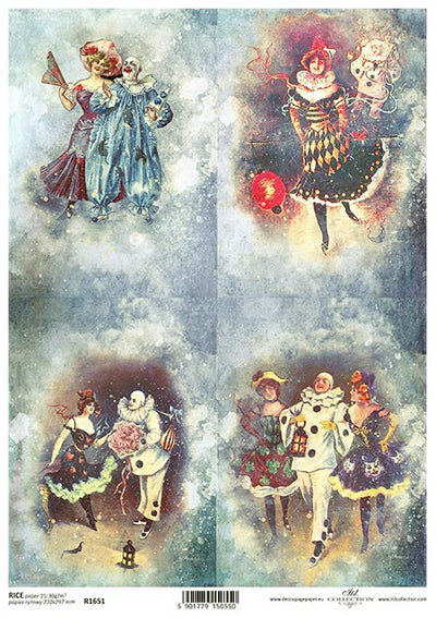 Carnival Circus Characters and Clowns Decoupage Rice Paper A4 Item R1651 by ITD Collection