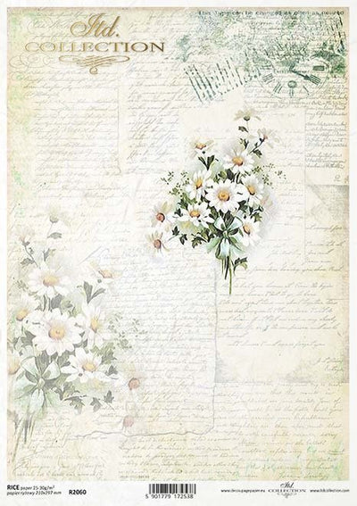 Daisies and Vintage Letters Decoupage Rice Paper A4 Item R2060 by ITD Collection