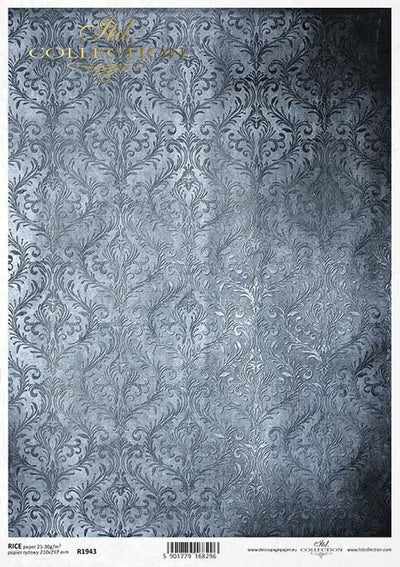 Dark Damask Blue Grey Pattern Decoupage Rice Paper A4 Item R1943 by ITD Collection