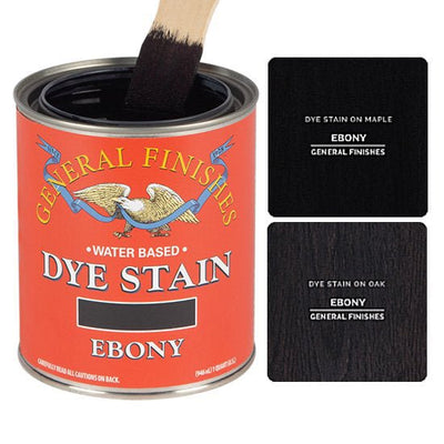 Ebony dye stain by General Finishes shown stained on maple wood and oak wood.