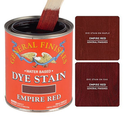 Empire Red dye stain by General Finishes shown stained on maple wood and oak wood.
