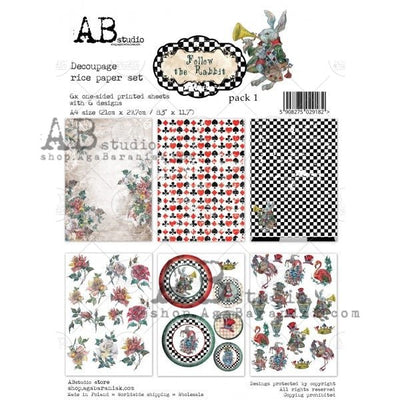 Follow The Rabbit Pack 1 A4 Decoupage Rice Paper Set of 6 Papers by AB Studio