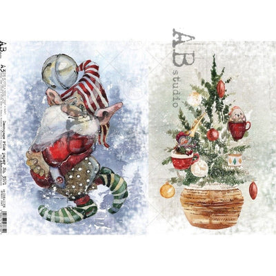 Gnome and Decorated Christmas Tree Cards Decoupage Rice Paper A3 Item No. 3571 by AB Studio