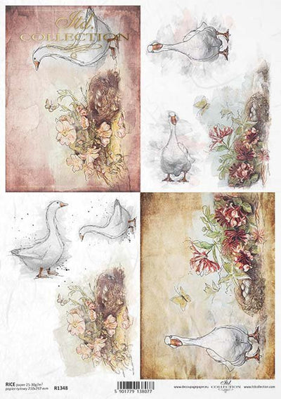 Goose Watercolor Cards Decoupage Rice Paper A4 Item R1348 by ITD Collection