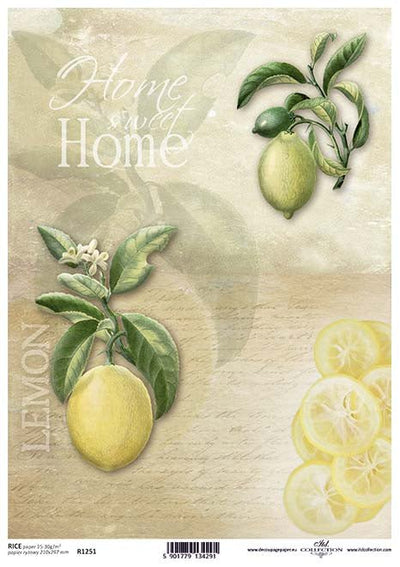 Home Sweet Home Lemons Decoupage Rice Paper A4 Item R1251 by ITD Collection