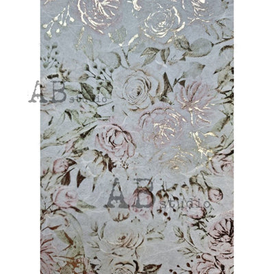 Ivory and Pink Cabbage Roses Gilded Decoupage Rice Paper A4 Item No. 0050 by AB Studio