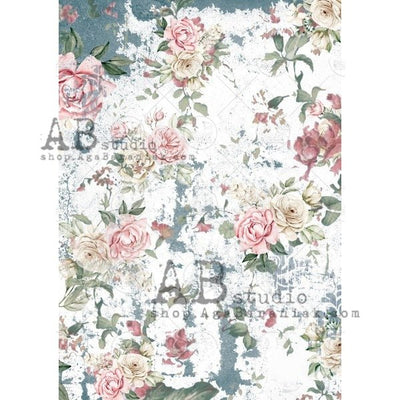 Ivory and Pink Flowers Distressed Decoupage Rice Paper A4 Item No. 0523 by AB Studio