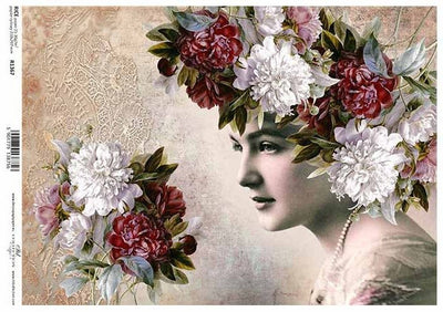 Lady with a Floral Head Bouquet Decoupage Rice Paper A4 Item R1367 by ITD Collection