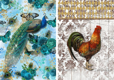 Peacock-Rooster Combo A4 Mini Portrait Rice Paper Digital Deco Design Collection