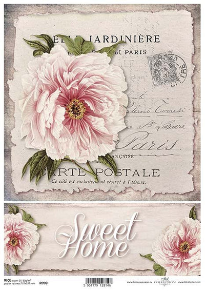 Peony Carte Postale and Sweet Home Label Decoupage Rice Paper A4 Item R0990 by ITD Collection