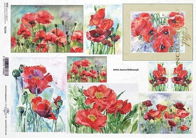 Poppy Flower Watercolor Decoupage Rice Paper A4 Item R1216 by ITD Collection
