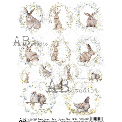 Rabbits Chickens and Birds Medallions Decoupage Rice Paper A4 Item No. 1292 by AB Studio