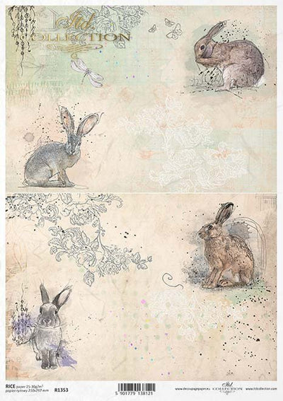 Rabbits with a Jack Rabbit Watercolor Cards Decoupage Rice Paper A4 Item R1353 by ITD Collection