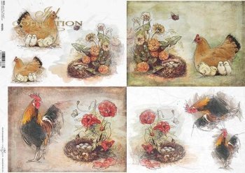 Roosters and Hens Protecting the Nest Watercolor Cards Decoupage Rice Paper A4 Item R1350 by ITD Collection
