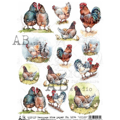 Roosters Chickens and Peeps Medallions Decoupage Rice Paper A4 Item No. 1294 by AB Studio