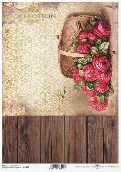 Rose Basket with Bees Decoupage Rice Paper A4 Item R1383 by ITD Collection