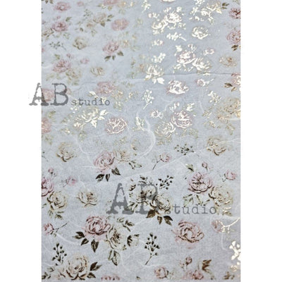 Small Ivory and Pink Cabbage Roses Gilded Decoupage Rice Paper A4 Item No. 0049 by AB Studio