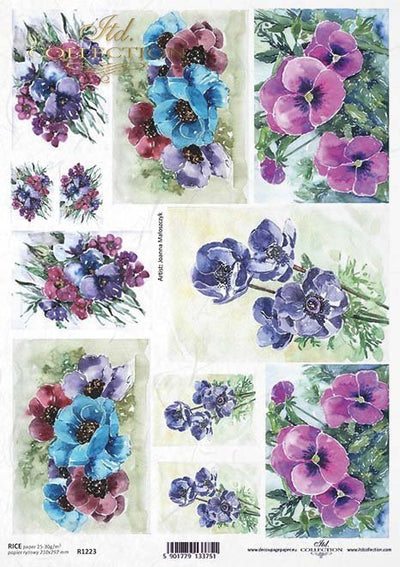 Violet and Blue Poppy Flower Cards Watercolor Decoupage Rice Paper A4 Item R1223 by ITD Collection