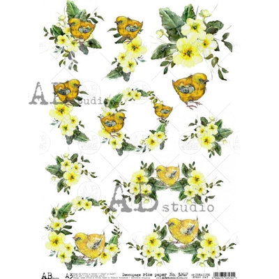 Yellow Birds with Yellow Flowers Decoupage Rice Paper A3 Item No. 3267 by AB Studio