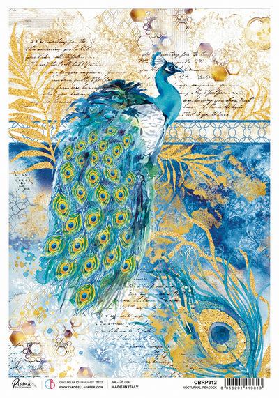 Nocturnal Peacock A4 Decoupage Rice Paper Indigo Collection by Ciao Bella