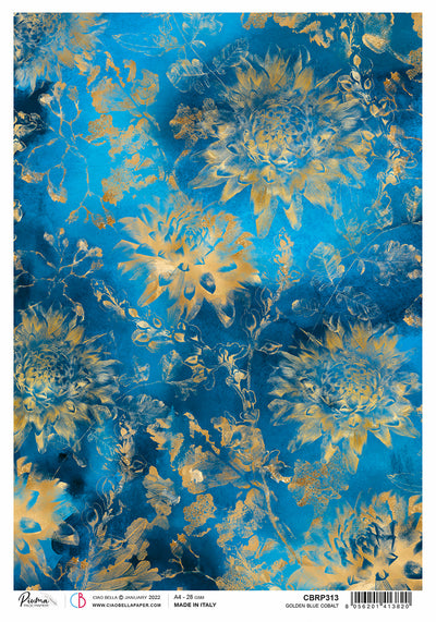 Golden Blue Cobalt A4 Decoupage Rice Paper Indigo Collection by Ciao Bella