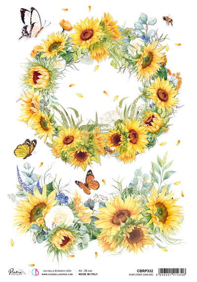 Sunflower Garland Here A4 Decoupage Rice Paper Farmhouse Garden Collection by Ciao Bella