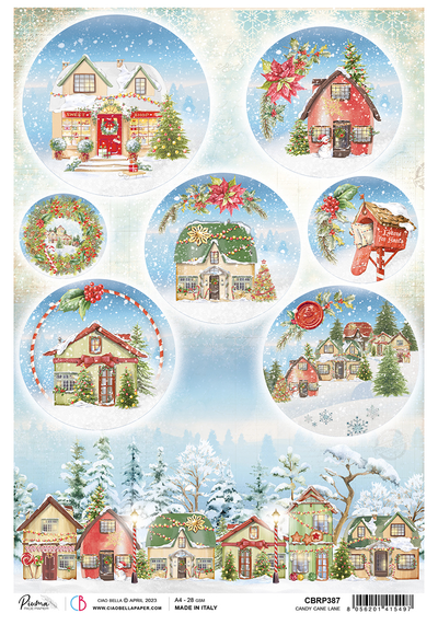 A charming winter scene featuring festive houses, wreaths, poinsettias, a Santa mailbox, and snow-covered streets, perfect for holiday crafting projects.