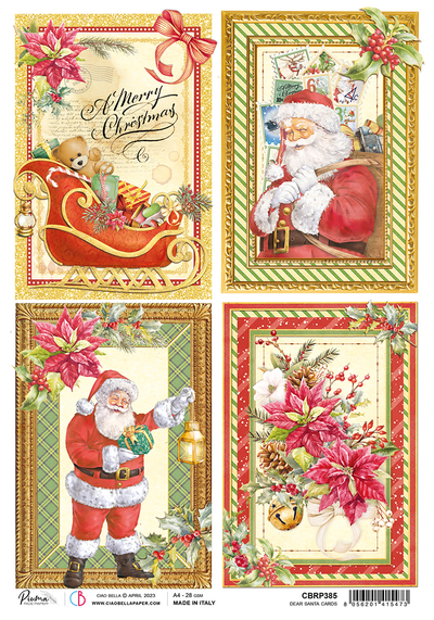 Four vintage-style Christmas card designs featuring Santa, poinsettias, a sleigh with gifts, and festive greenery, framed with ornate holiday borders.