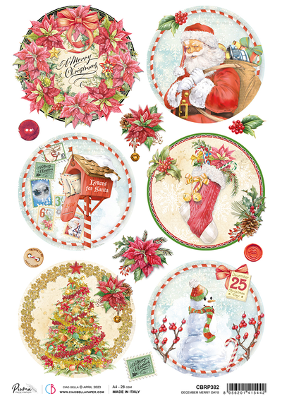 A vintage-style Christmas collage with festive illustrations, including Santa, a snowman, a wreath, a Christmas tree, a mailbox for Santa, and holiday decorations.