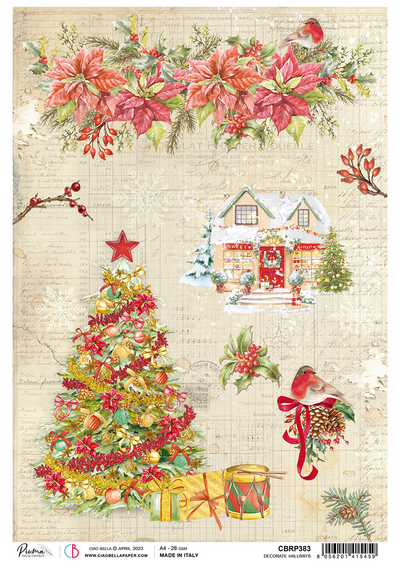 A vintage-style Christmas scene with poinsettias, a Christmas tree, a decorated house, and a bird on pinecones, accented by gifts and festive greenery.