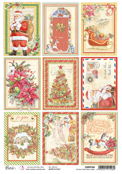 Nine vintage Christmas card designs featuring Santa, wreaths, poinsettias, a decorated door, a Christmas tree, and festive scenes in ornate frames.