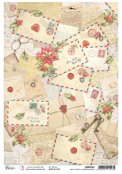 An A4 rice paper showing a pile of Christmas letters addressed to Santa Claus with festive poinsettias