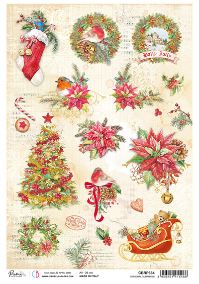 A festive collection of Christmas designs featuring poinsettias, wreaths, robins, stockings, a decorated tree, candy canes, and a sleigh with gifts, perfect for crafting.