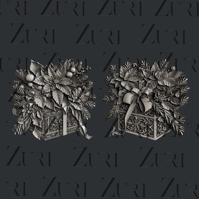 Zuri Designs Christmas Gifts Set 1 is a silicone mold with a set of 2 presents decorated with leaves and flowers.