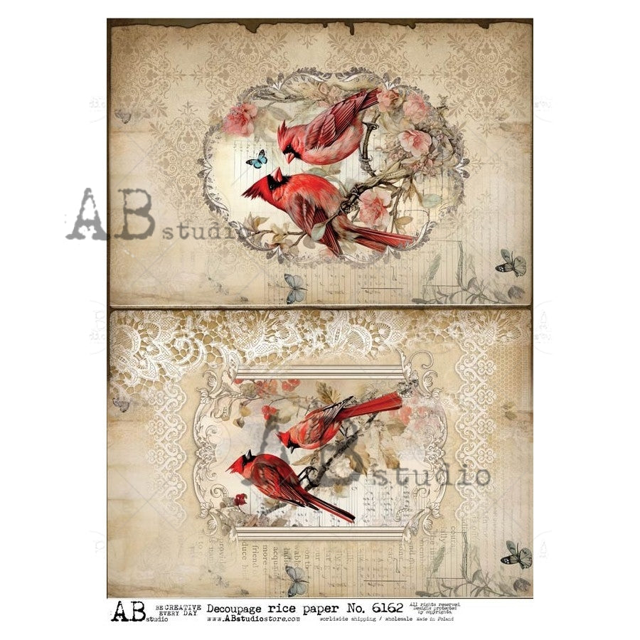 Abrioページ Baroque Cardinal Cards Decoupage Rice Paper A4 6162 by AB Studio