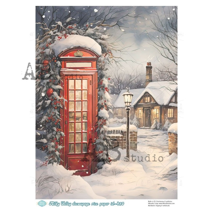 Snowy Red Phone Booth Cards Decoupage Rice Paper A4 Item Milky Valley ...