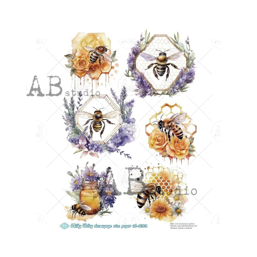 Honey Bee Labels Decoupage Rice Paper A4 Item Milky Valley ID 233 by A ...
