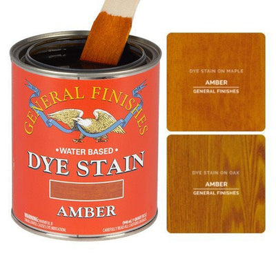Amber Dye Stain by General Finishes shown stained on Maple wood and Oak wood.