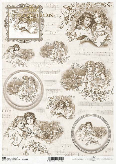 Angelic Children with Musical Notes Decoupage Rice Paper A4 Item R2093 by ITD Collection