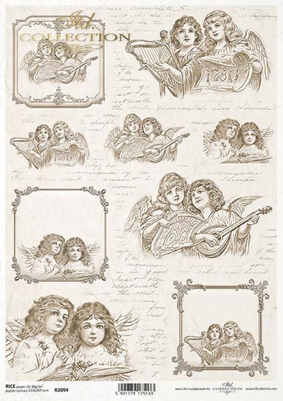 Angelic Musical Children Playing Instruments with Script Decoupage Rice Paper A4 Item R2094 by ITD Collection